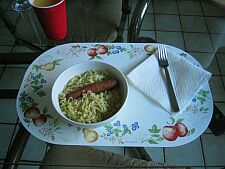 hot dogs and instant noodles for breakfast!?