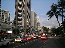 hotel towers and Waikiki evening traffic